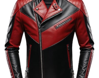 Blouson motard en cuir homme motard asymétrique manteau moto streetwear rouge noir