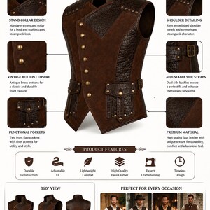 May include: A brown faux leather vest featuring a stand collar, antique brass button closure, rivet-embellished shoulder panels, and two front flap pockets. The garment includes adjustable side straps with buckles and a textured finish.