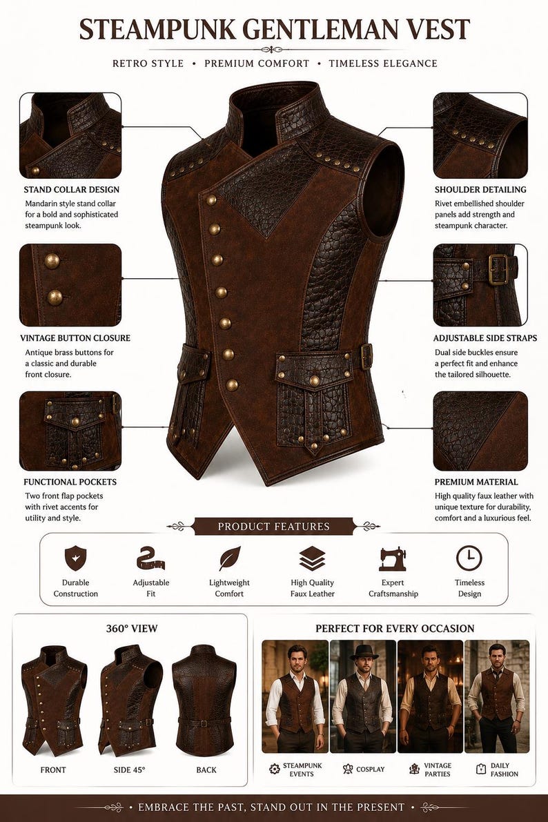 May include: A brown faux leather vest featuring a stand collar, antique brass button closure, rivet-embellished shoulder panels, and two front flap pockets. The garment includes adjustable side straps with buckles and a textured finish.