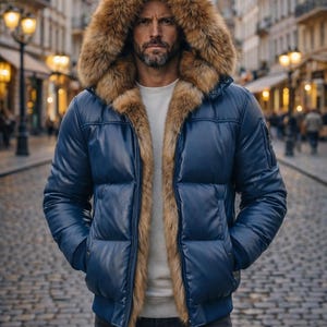 May include: A navy blue puffer jacket with a fur-lined hood and trim. The jacket has a quilted design and a bomber-style fit. The model is wearing a white shirt underneath. The jacket is worn in an outdoor setting.