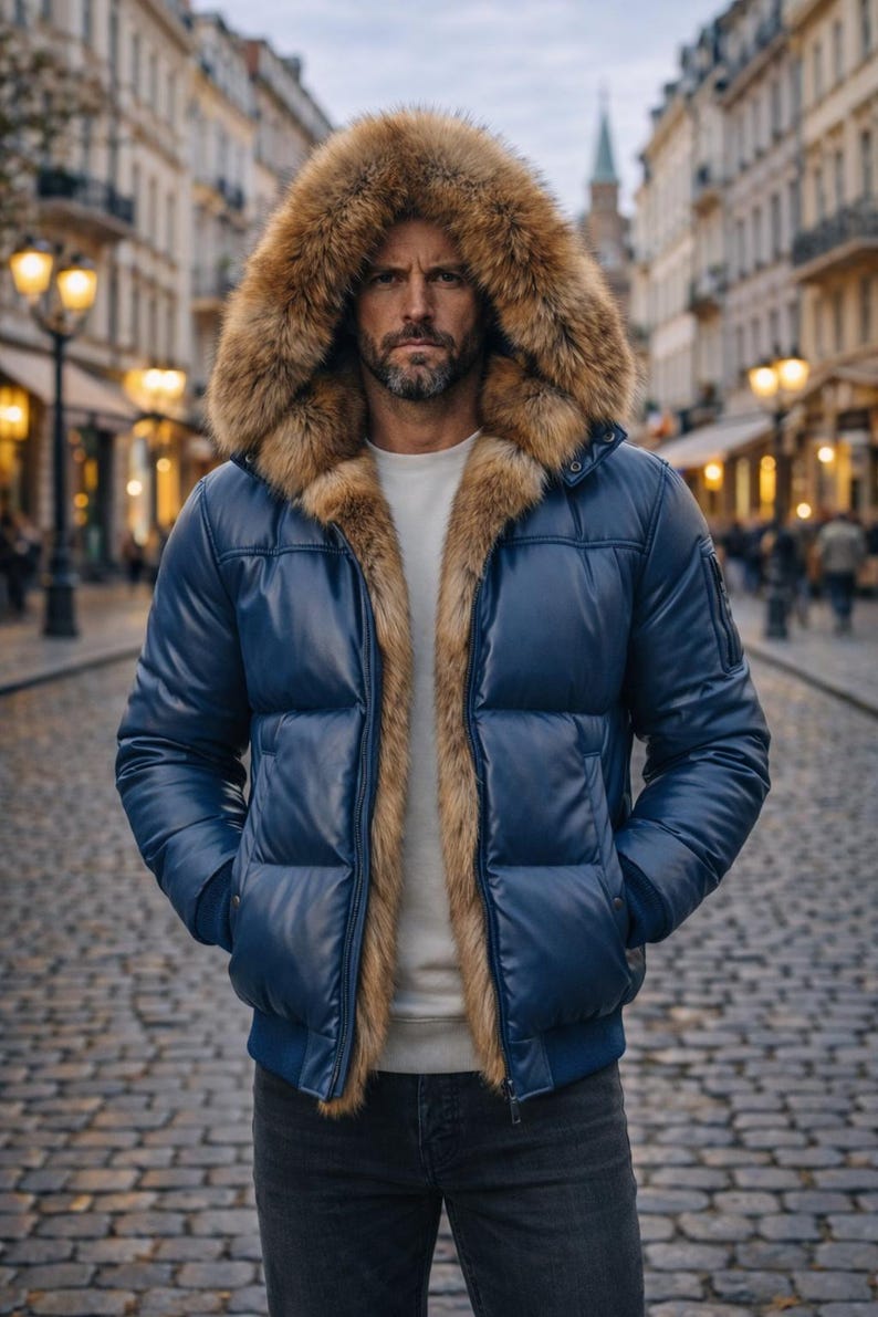 May include: A navy blue puffer jacket with a fur-lined hood and trim. The jacket has a quilted design and a bomber-style fit. The model is wearing a white shirt underneath. The jacket is worn in an outdoor setting.
