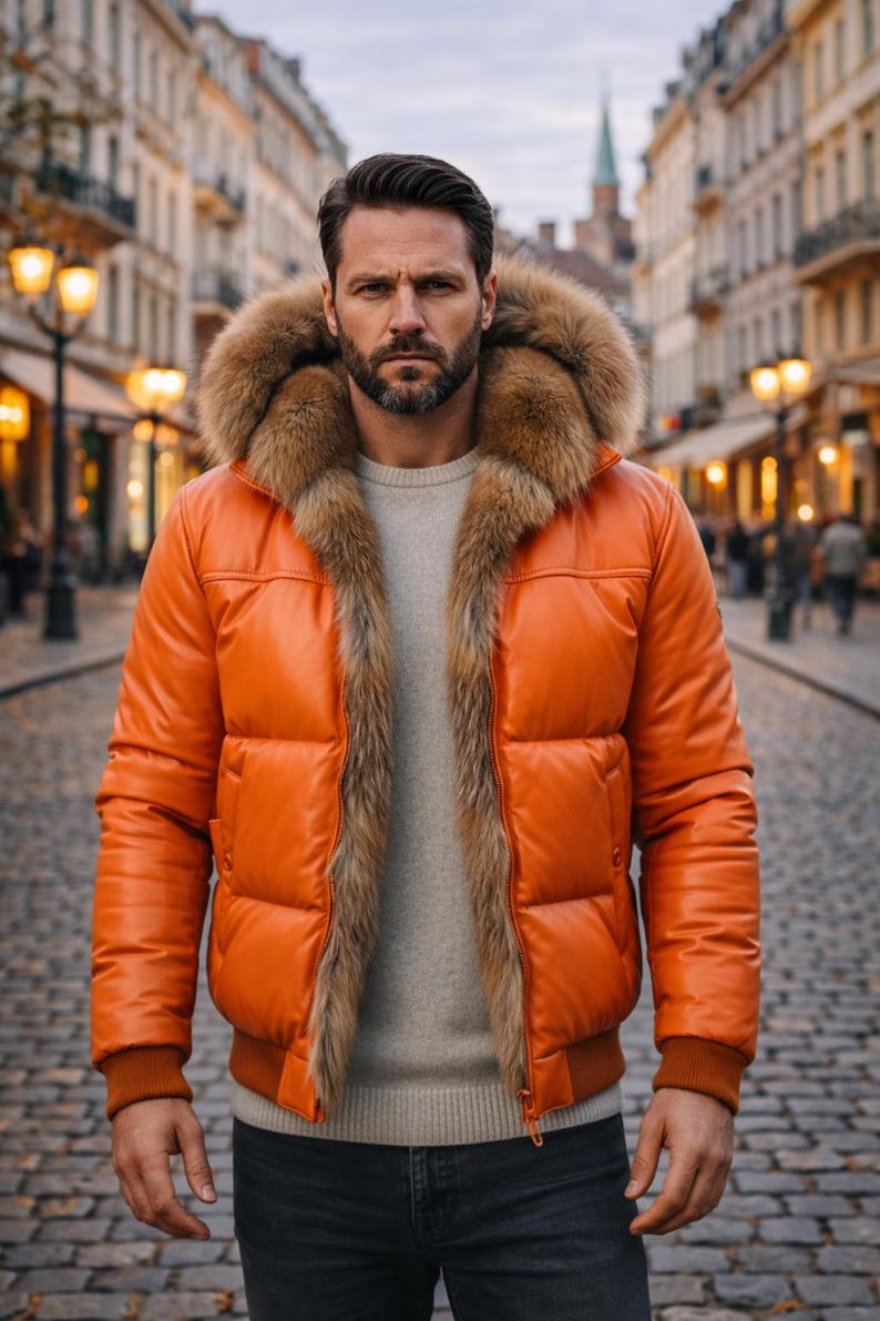 May include: An orange puffer jacket with a fur-lined hood and trim. The jacket has a bomber-style design with a ribbed hem and cuffs. The person is wearing a gray sweater underneath. The jacket is made of a shiny material.