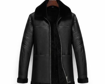 Men & Women Black Shearling Leather Coat Genuine Wool Lined Long Winter Overcoat