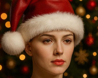 Genuine Leather Santa Hat with Fur Trim Luxury Handmade Christmas Holiday Costume Cap
