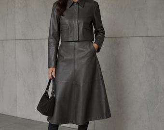 Dark Charcoal Grey Nubuck Leather Jacket & Midi Skirt Set for Women Handmade