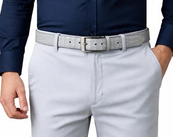 Grey Crocodile Embossed Leather Belt for Men Handmade Dress Belt Gift