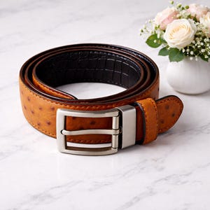Op de afbeelding: Een opgerolde bruinleren riem met een zilveren gesp. De riem heeft een getextureerd, gestippeld patroon aan de buitenkant en een zwart, krokodillenpatroon aan de binnenkant. Een kleine vaas met bloemen staat op de achtergrond.