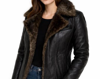 Women's Real Leather Jacket with Fur Collar Luxury Winter Black Coat Handmade