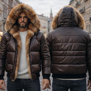 May include: A brown leather puffer jacket with a fur-lined hood. The jacket has a ribbed hem and cuffs, and is worn over a light gray sweater and dark jeans. The image shows the front and back of the jacket.