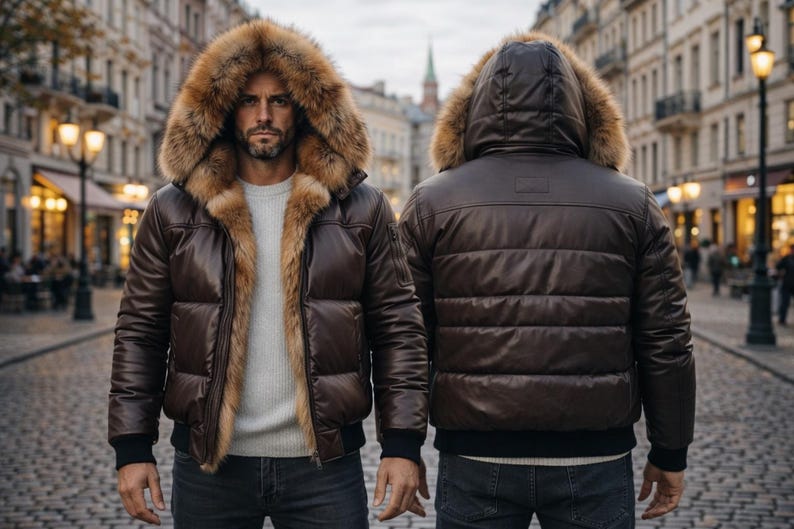May include: A brown leather puffer jacket with a fur-lined hood. The jacket has a ribbed hem and cuffs, and is worn over a light gray sweater and dark jeans. The image shows the front and back of the jacket.