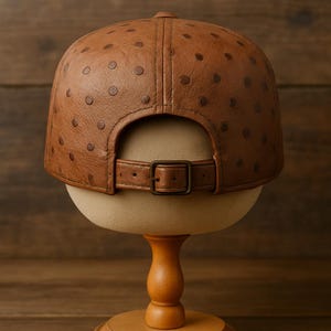 May include: A brown leather baseball cap with a series of small, evenly spaced, darker brown dots. The cap has a curved brim and an adjustable strap with a metal buckle. The cap is displayed on a wooden hat stand.