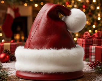 May include: A deep red leather Santa hat featuring a wide, fluffy white faux fur trim around the base and a matching white pom-pom at the tip. The hat has a smooth, structured leather texture and a classic conical shape with a folded top.