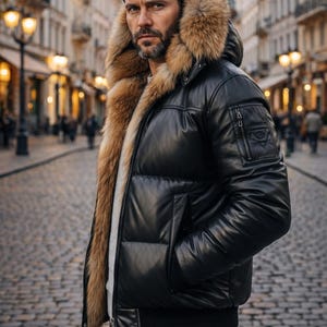 May include: Black leather puffer jacket with a fur-lined hood. The jacket features a zip closure, multiple pockets, and a ribbed hem. The fur trim is a light brown color. The jacket is worn in an outdoor setting.