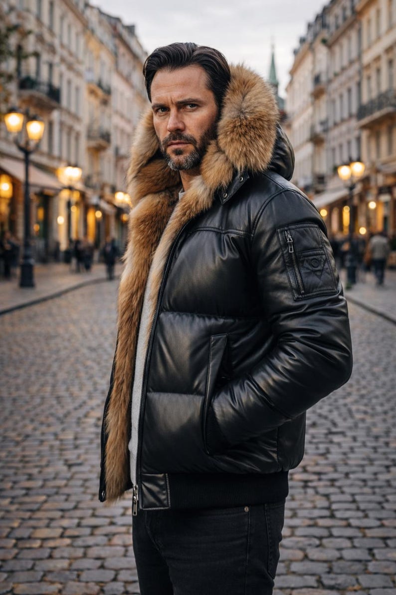 May include: Black leather puffer jacket with a fur-lined hood. The jacket features a zip closure, multiple pockets, and a ribbed hem. The fur trim is a light brown color. The jacket is worn in an outdoor setting.