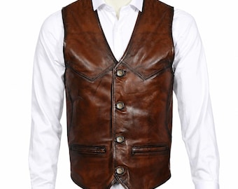 Chaleco de hombre marrón estilo vintage clásico de cuero para atuendo formal e informal.