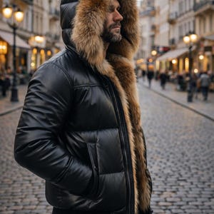 May include: Black puffer jacket with a fur-lined hood. The jacket has a glossy finish and a ribbed hem. The fur trim is a mix of brown and tan. The jacket is worn over a black sweater and jeans.