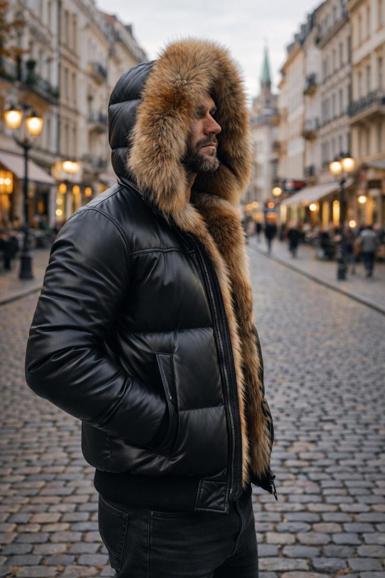 May include: Black puffer jacket with a fur-lined hood. The jacket has a glossy finish and a ribbed hem. The fur trim is a mix of brown and tan. The jacket is worn over a black sweater and jeans.
