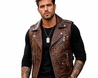 Chaleco de motociclista para hombre, color marrón, estilo café racer, de cuero genuino y aspecto vintage.