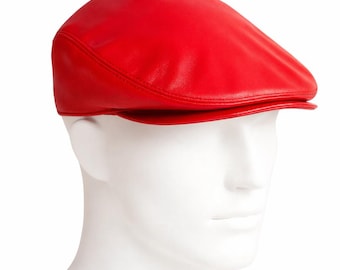 Handmade Red Leather Flat Cap Classic Ivy Style