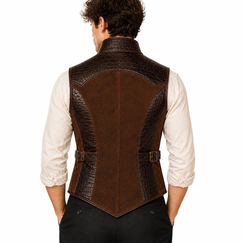 May include: A brown vest featuring a combination of smooth suede panels and textured crocodile-embossed leather sections. The garment includes a high collar, a pointed hemline, and adjustable side straps with metal buckles at the waist.