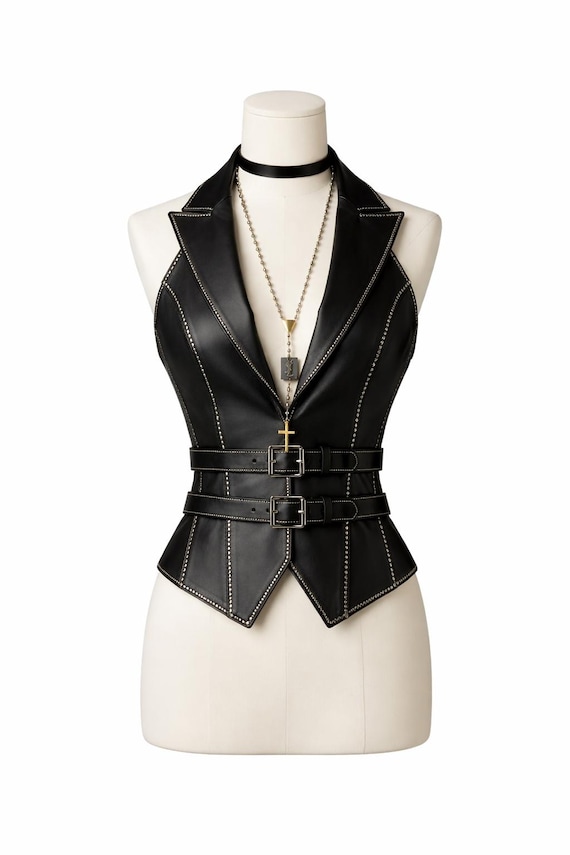 Black Leather Corset Top Goth Halter Vest Studded Biker Waist Cincher Top