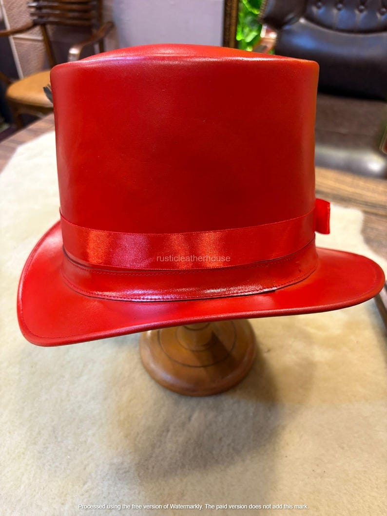 Handmade Red Leather Top Hat Steampunk Gothic Cosplay image 4