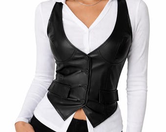 Black Leather Vest Women Slim Fit Waistcoat Button Front Corset Style Top