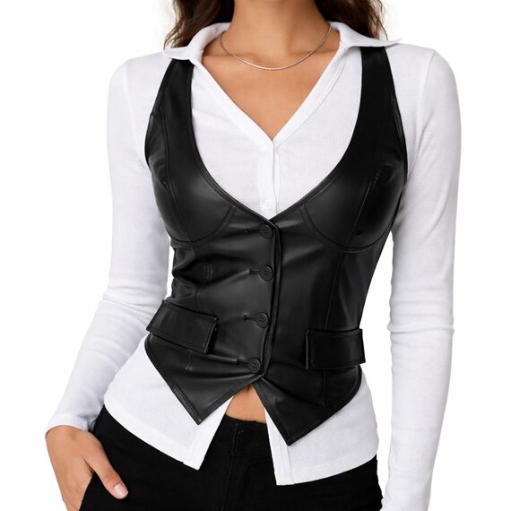 Black Leather Vest Women Slim Fit Waistcoat Button Front Corset Style Top