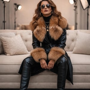 Peut inclure: Un manteau en cuir noir avec un col et des poignets en fourrure. Le manteau est ceintur&eacute; &agrave; la taille et port&eacute; avec des bottes en cuir noir. La personne porte des lunettes de soleil et des bijoux en or.