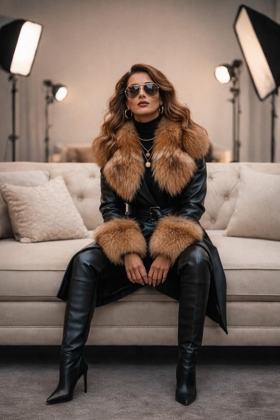 Women Black Genuine Leather Coat with Real Fox Fur Collar & Cuffs Luxury Winter Overcoat
