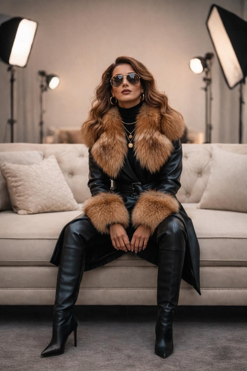 Peut inclure: Un manteau en cuir noir avec un col et des poignets en fourrure. Le manteau est ceintur&eacute; &agrave; la taille et port&eacute; avec des bottes en cuir noir. La personne porte des lunettes de soleil et des bijoux en or.