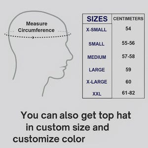 May include: Image from Rustic Leather House with hat size chart in centimeters. Sizes range from X-Small (54 cm) to XXL (61-82 cm). The text also mentions custom sizes and colors are available.