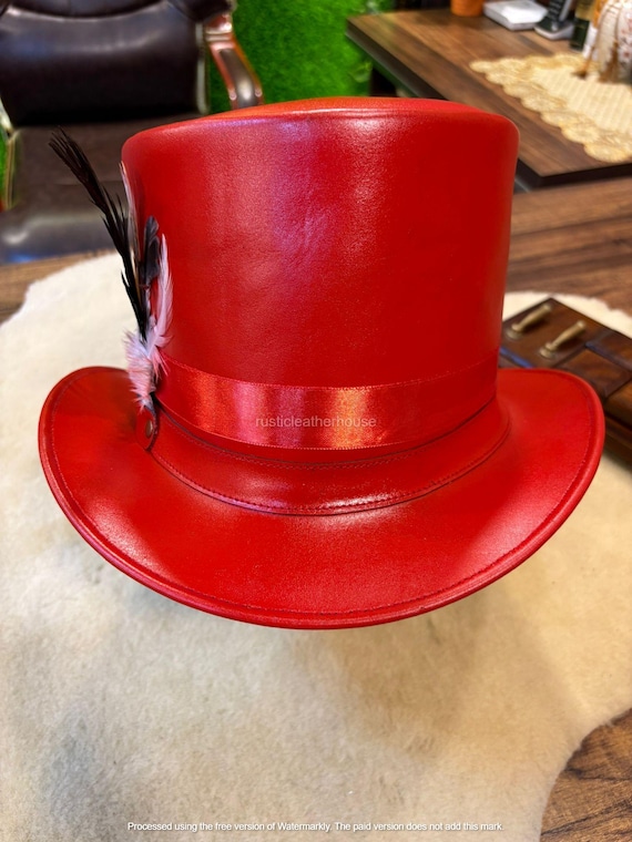 Handmade Red Leather Top Hat Steampunk Gothic Cosplay