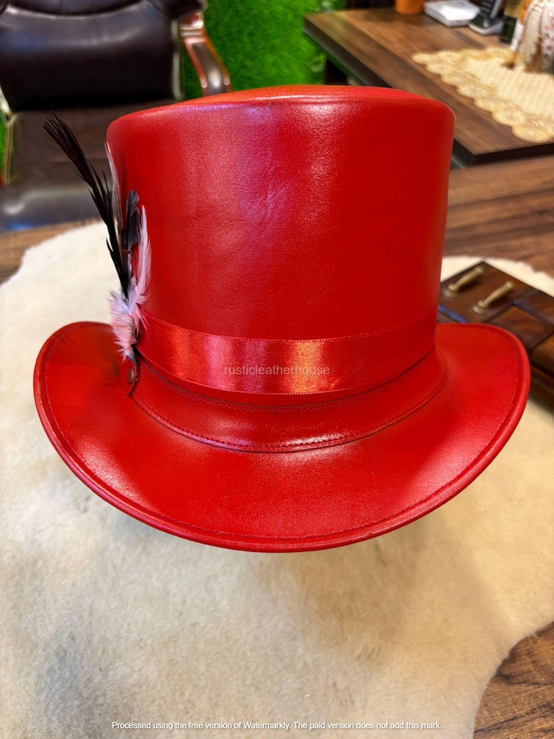 Handmade Red Leather Top Hat Steampunk Gothic Cosplay image 1