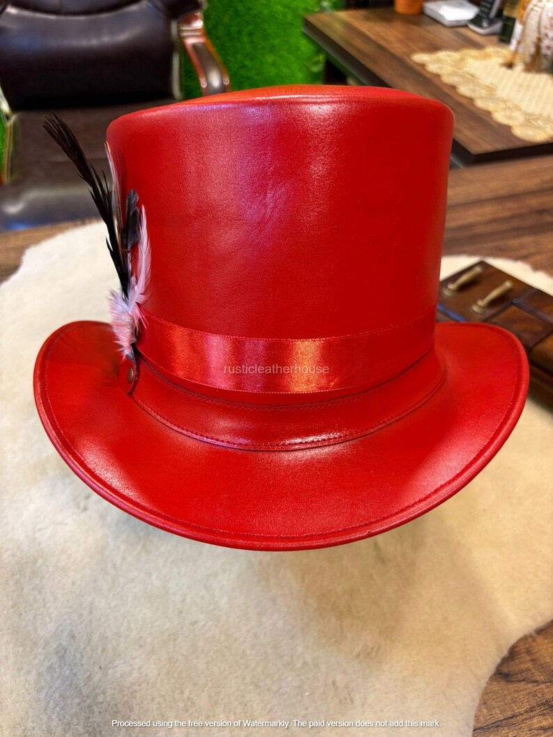 Handmade Red Leather Top Hat Steampunk Gothic Cosplay image 9