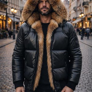 May include: Black puffer jacket with a fur-lined hood. The jacket has a glossy finish and a brown fur trim around the hood and collar. The model is wearing a black shirt and dark jeans. The background is a cobblestone street.