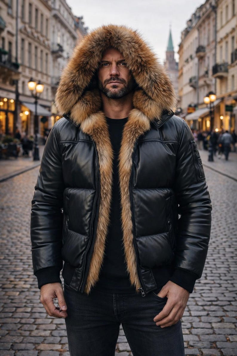 May include: Black puffer jacket with a fur-lined hood. The jacket has a glossy finish and a brown fur trim around the hood and collar. The model is wearing a black shirt and dark jeans. The background is a cobblestone street.