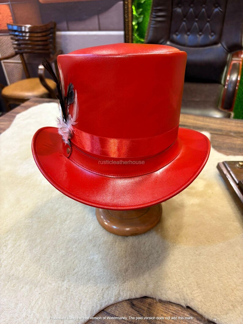 Handmade Red Leather Top Hat Steampunk Gothic Cosplay image 8