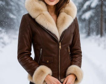 Luxury Women’s Brown Leather Jacket with Plush Fur Collar & Cuffs Winter Biker Coat