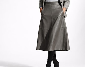 Jupe midi en cuir véritable grise faite main pour femme, jupe élégante taille haute