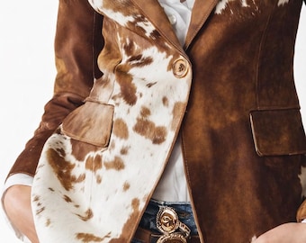 Cowhide Blazer Women Genuine Brown & White Cow Print Leather Western Style Jacket