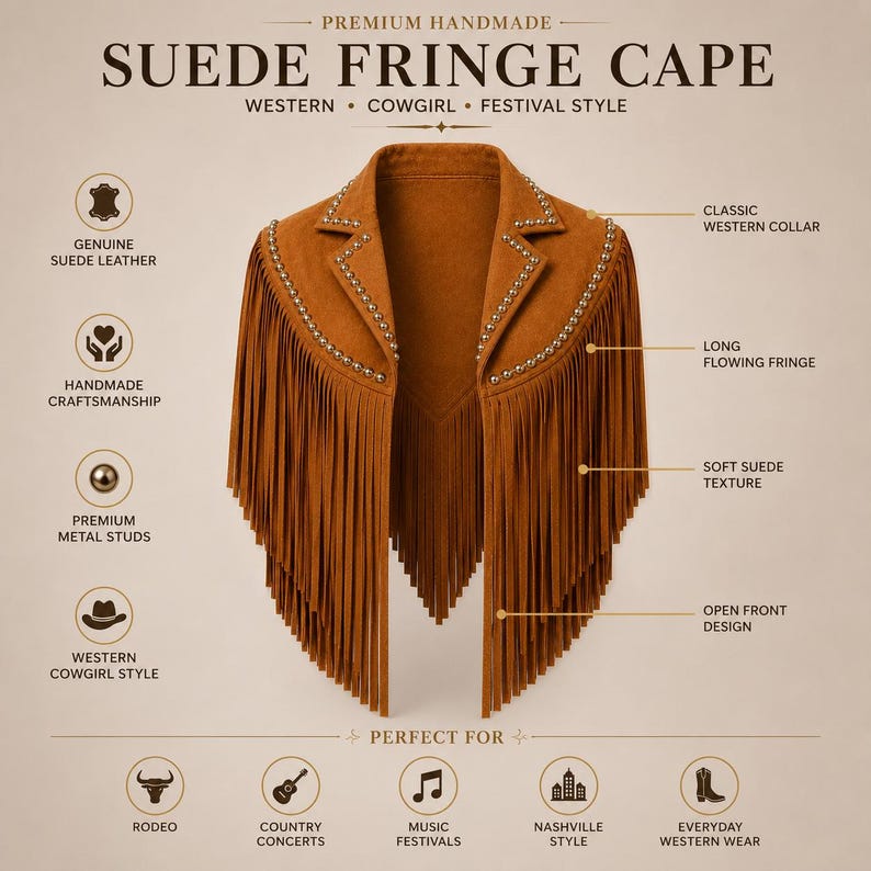 May include: A brown suede cape featuring an open front design, a classic collar, and long flowing fringe. The garment is decorated with rows of premium metal studs along the lapels. Text on the image reads: PREMIUM HANDMADE SUEDE FRINGE CAPE.