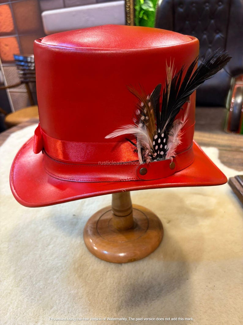 Handmade Red Leather Top Hat Steampunk Gothic Cosplay image 7