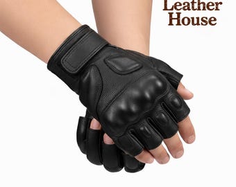 Männer Schwarz Leder Half Finger Motorradhandschuhe gepanzerter Biker Reitschutz