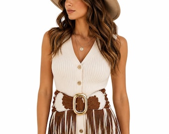 Cowhide Corset Belt Women Western Fringe Waist Cincher Genuine Leather Cowgirl Belt