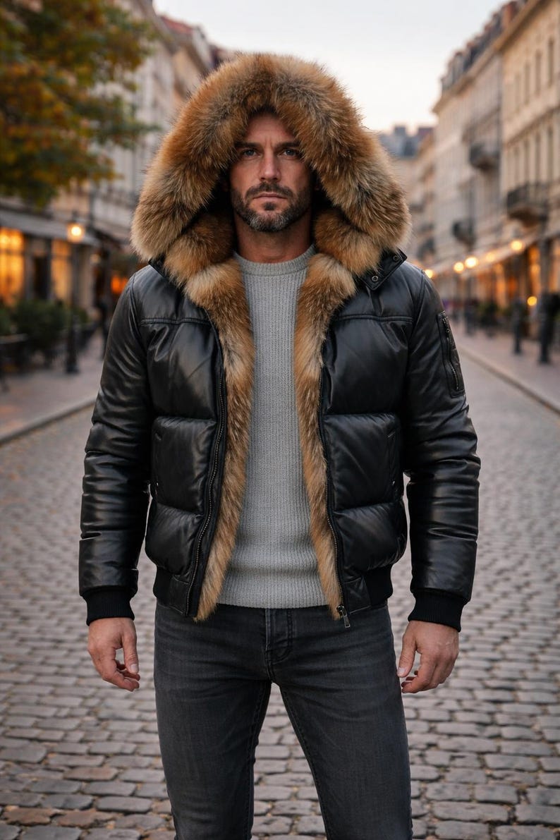May include: Black leather puffer jacket with a fur-lined hood and trim. The jacket has a bomber style with a ribbed hem and cuffs. The model is wearing a gray sweater and dark wash jeans. The jacket is a stylish outerwear option.