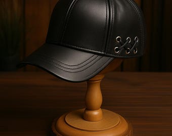 Genuine Black Leather Cap Handmade Unisex Baseball Hat Adjustable Gothic Biker Fashion Gift