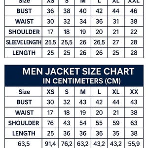 May include: A size chart for men's jackets, displaying measurements in inches and centimeters. The chart includes bust, waist, shoulder, sleeve length, and jacket length measurements for sizes XS to XXL. The text "MEN JACKET SIZE IN INCHES" is at the top.