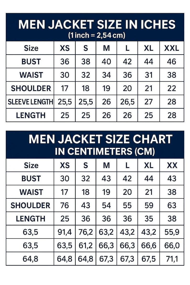 May include: A size chart for men's jackets, displaying measurements in inches and centimeters. The chart includes bust, waist, shoulder, sleeve length, and jacket length measurements for sizes XS to XXL. The text "MEN JACKET SIZE IN INCHES" is at the top.