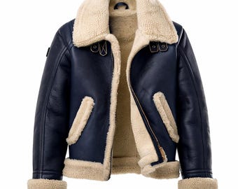 Men Shearling Leather Aviator Bomber Jacket Fur Lined Sheepskin Winter Coat Vintage